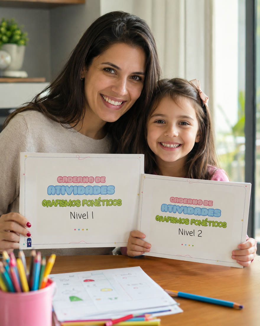Mãe e filha mostrando os cadernos de atividades do kit